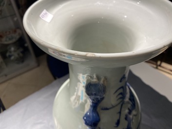 Two Chinese blue and white celadon 'dragon and phoenix' vases, 19th C.